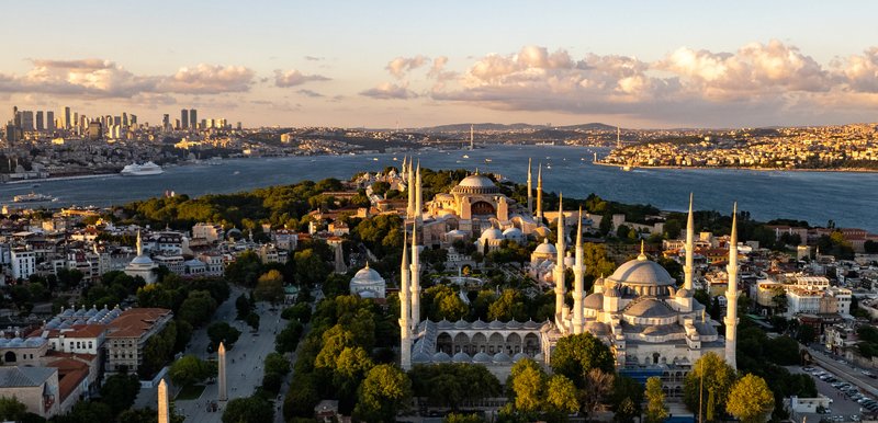 Istanbul's historic peninsula skyline with the Blue Mosque and Hagia Sophia