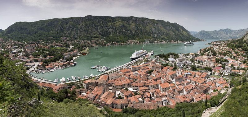 Kotor's old town and bay panorama from the city walls in Montenegro