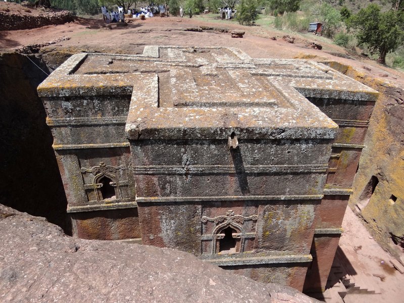 Bet Giyorgis rock-hewn church carved into the red earth at Lalibela
