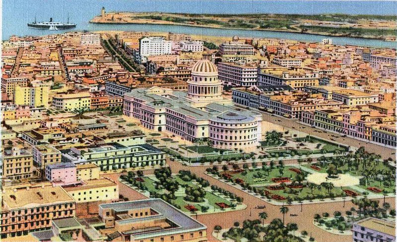 Aerial view of Old Havana's historic streets and the Malecón
