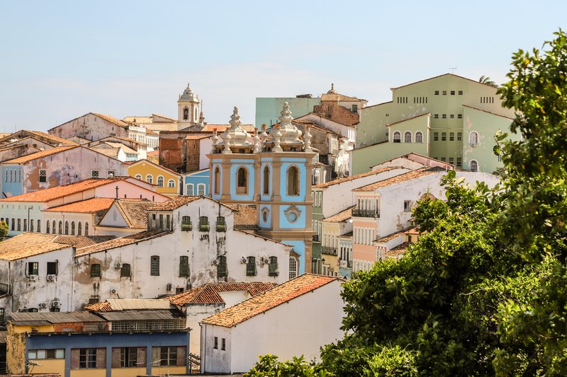 Brightly painted colonial houses on the sloping streets of the Pelourinho, Salvador