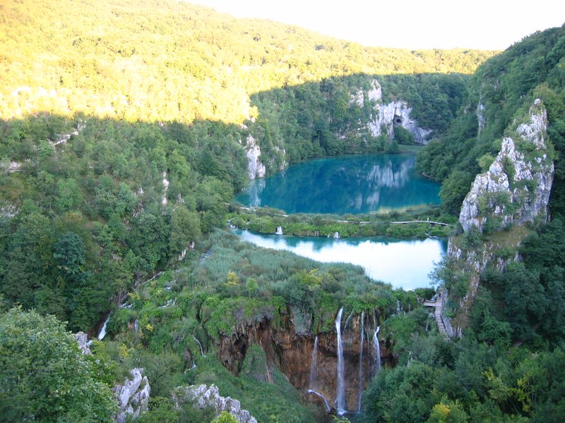 Plitvice Lakes panorama with terraced waterfalls and turquoise water