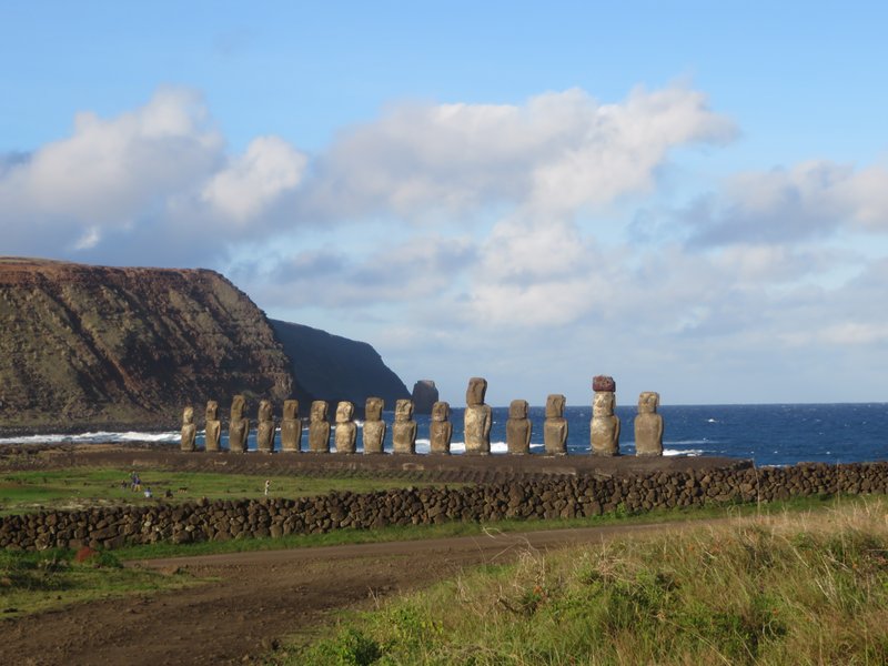 Ahu Tongariki moai statues in a row on Easter Island's coast