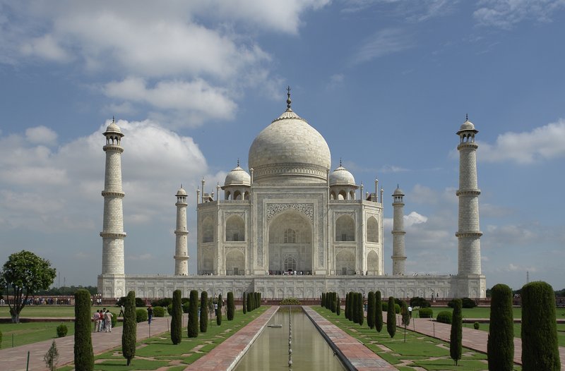 The Taj Mahal in full view across the reflecting pool at Agra