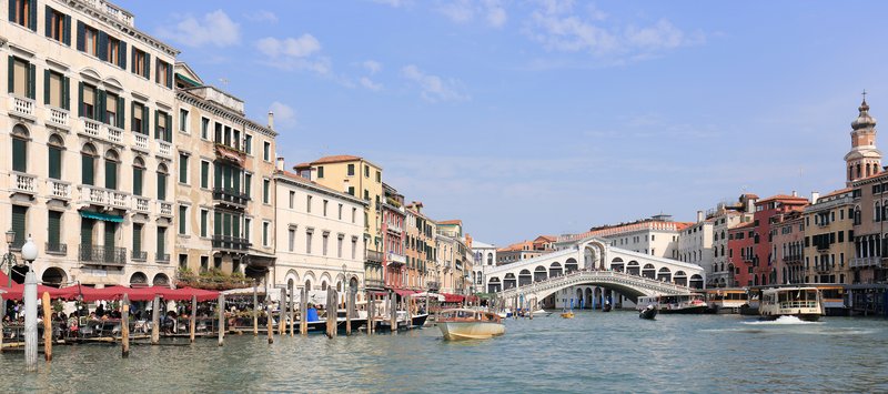 Grand Canal and Rialto Bridge seen from the water in Venice