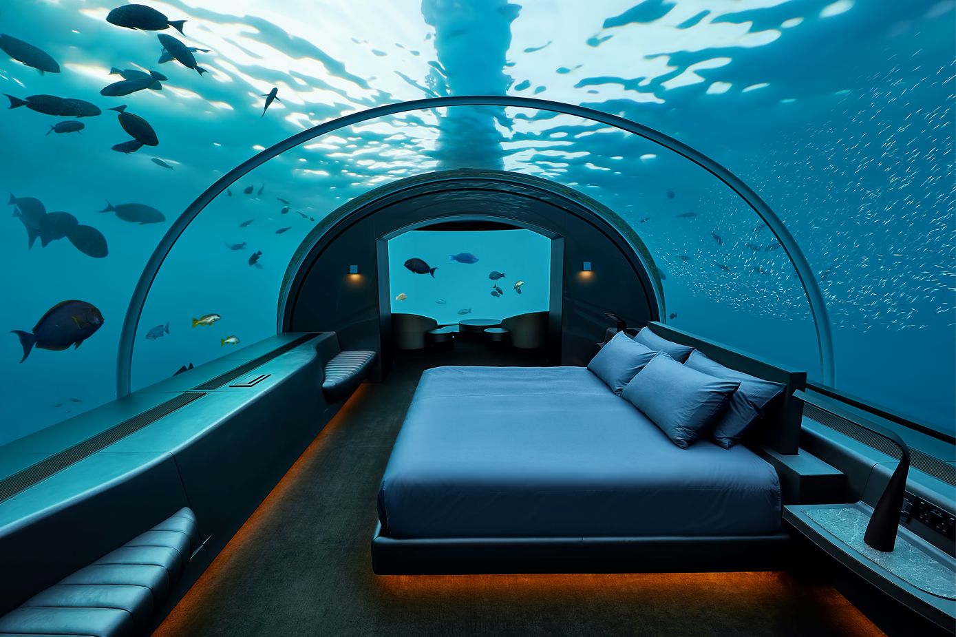 Interior of The Muraka underwater suite at Conrad Maldives Rangali Island