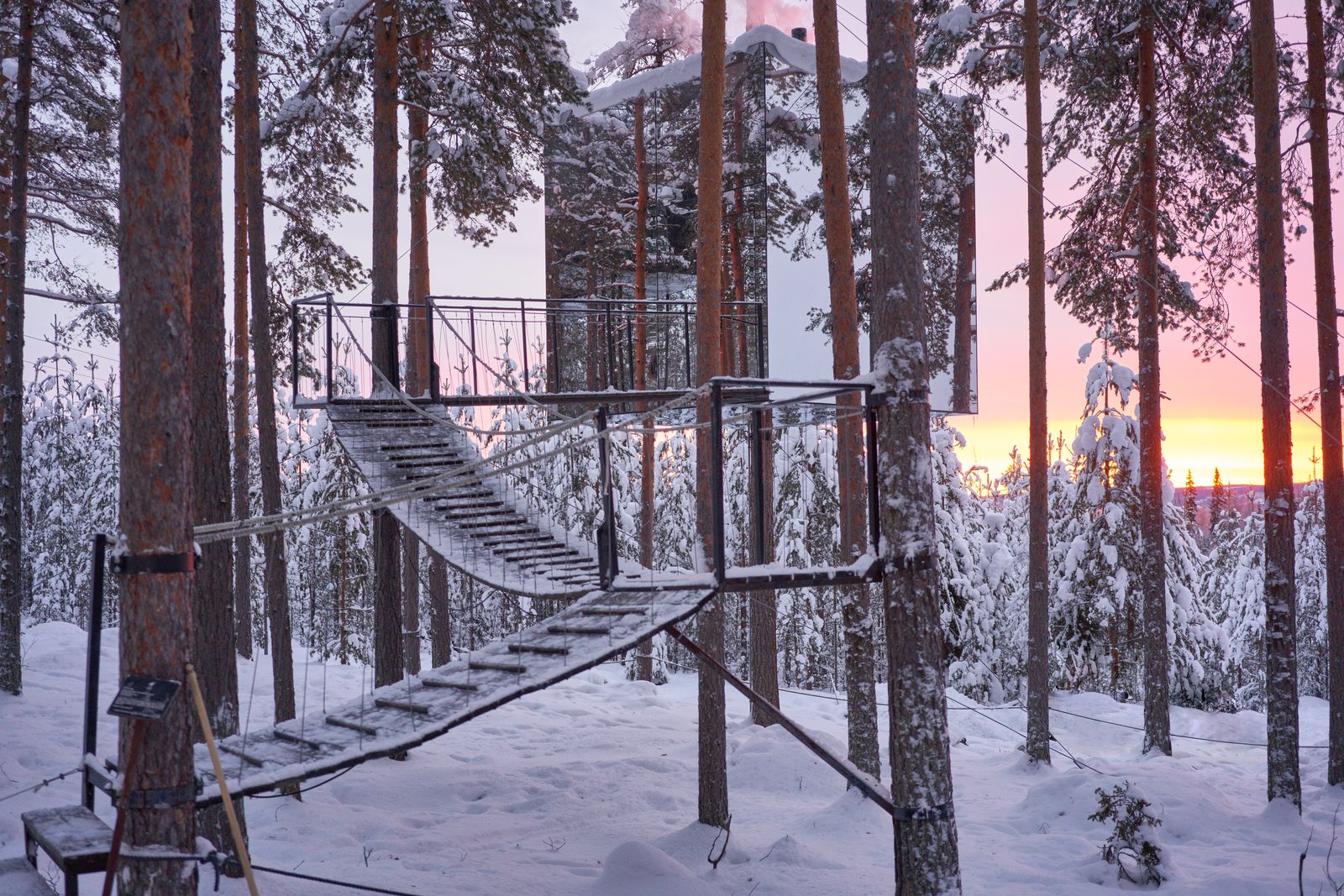 The Mirrorcube treehouse at Treehotel in Harads, Swedish Lapland