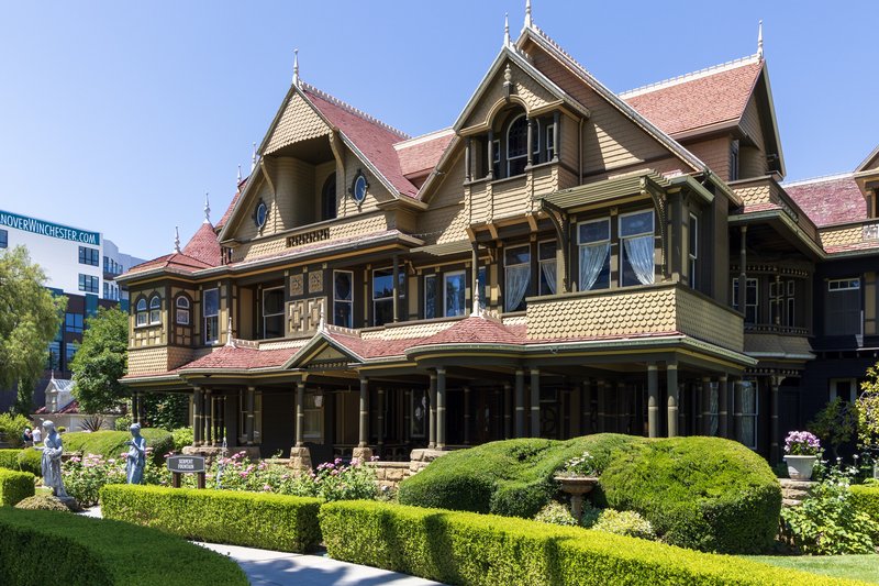 The turreted Victorian facade of the Winchester Mystery House in San Jose