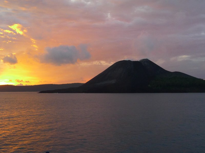 Anak Krakatau island volcano rising from the Sunda Strait, Indonesia