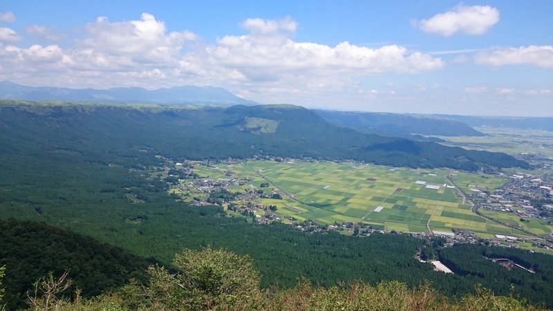 Rolling green caldera walls of Mount Aso, Kumamoto, Japan