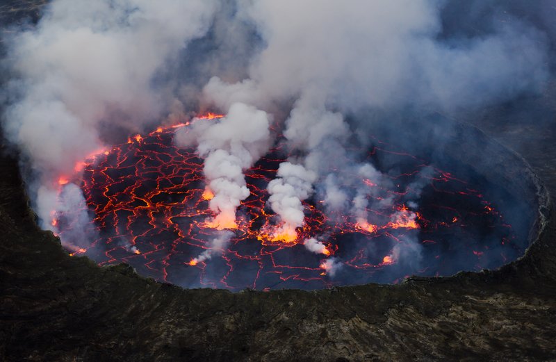 Glowing lava lake inside Nyiragongo's crater, Democratic Republic of Congo