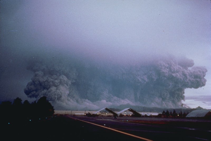Mount Pinatubo's massive eruption column rising above Luzon, 1991