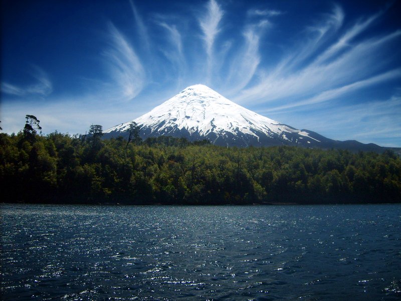 Snow-capped Villarrica volcano above the Chilean Lake District