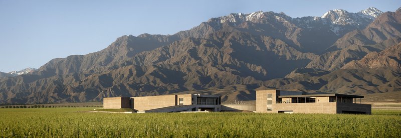 Winery and vineyard at Mendoza, Argentina, with the Andes in the background