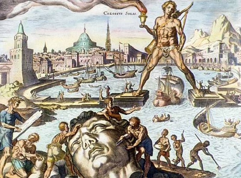 Historical engraving depicting the Colossus of Rhodes straddling the harbor entrance