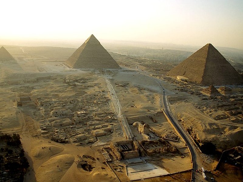 Aerial view of the Great Pyramids of Giza and the Sphinx near Cairo