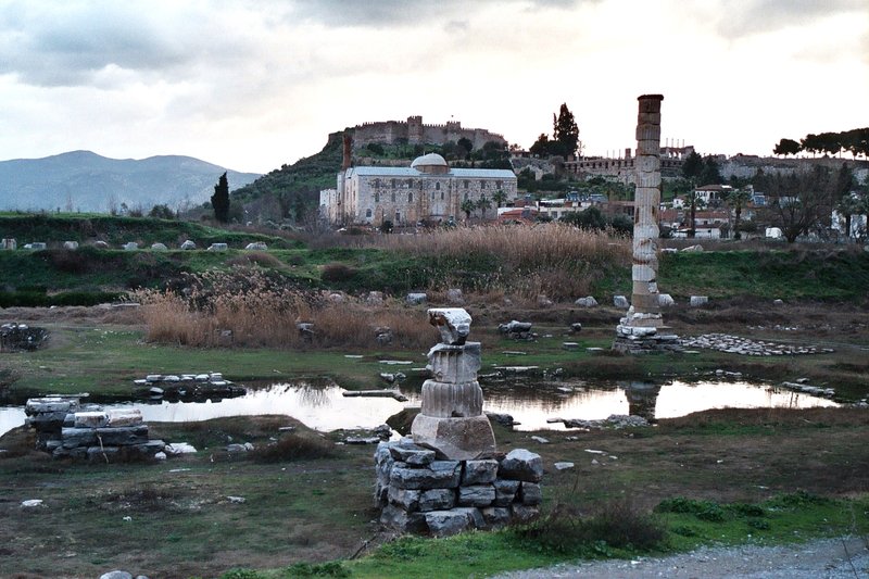 Surviving column of the Temple of Artemis amid ruins at Ephesus, Turkey