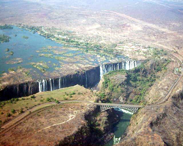 Aerial view of Victoria Falls and the Zambezi River gorge at the Zimbabwe–Zambia border