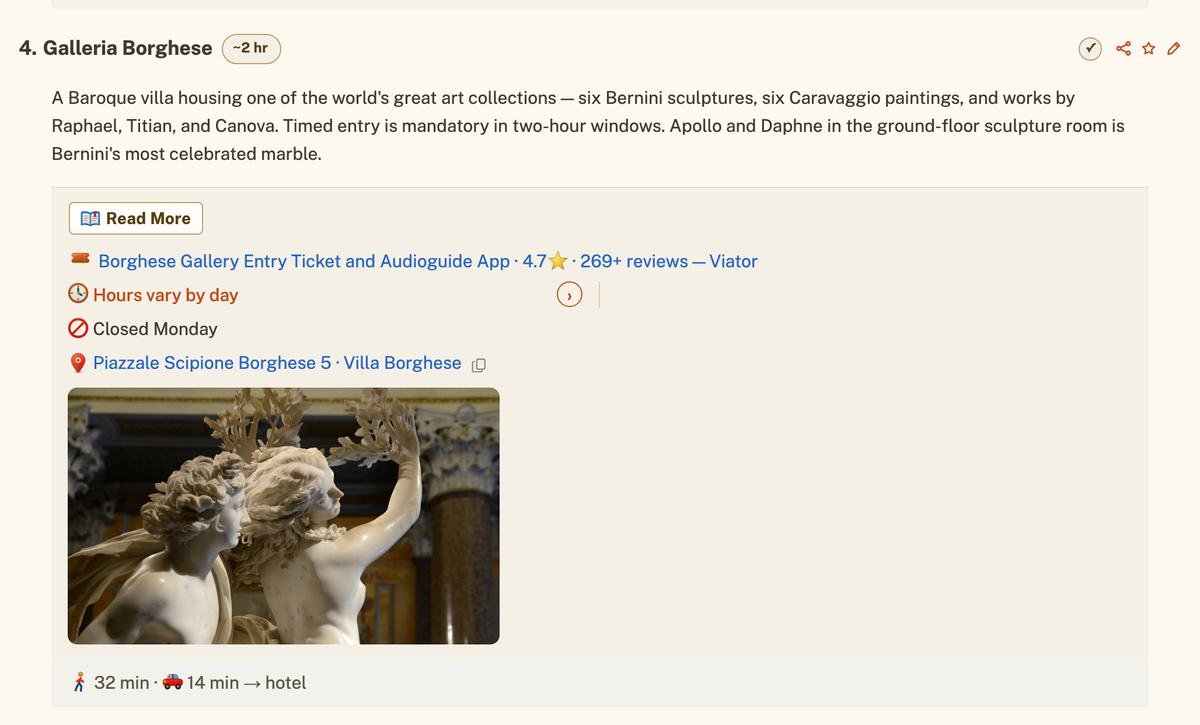 A single stop in the Rome guide: Galleria Borghese with a two-hour estimate, a ticket link, opening hours, the day it closes, a copyable address, a photo of Bernini&rsquo;s Apollo and Daphne, and a row reading thirty-two minutes on foot or fourteen by ride app back to the hotel