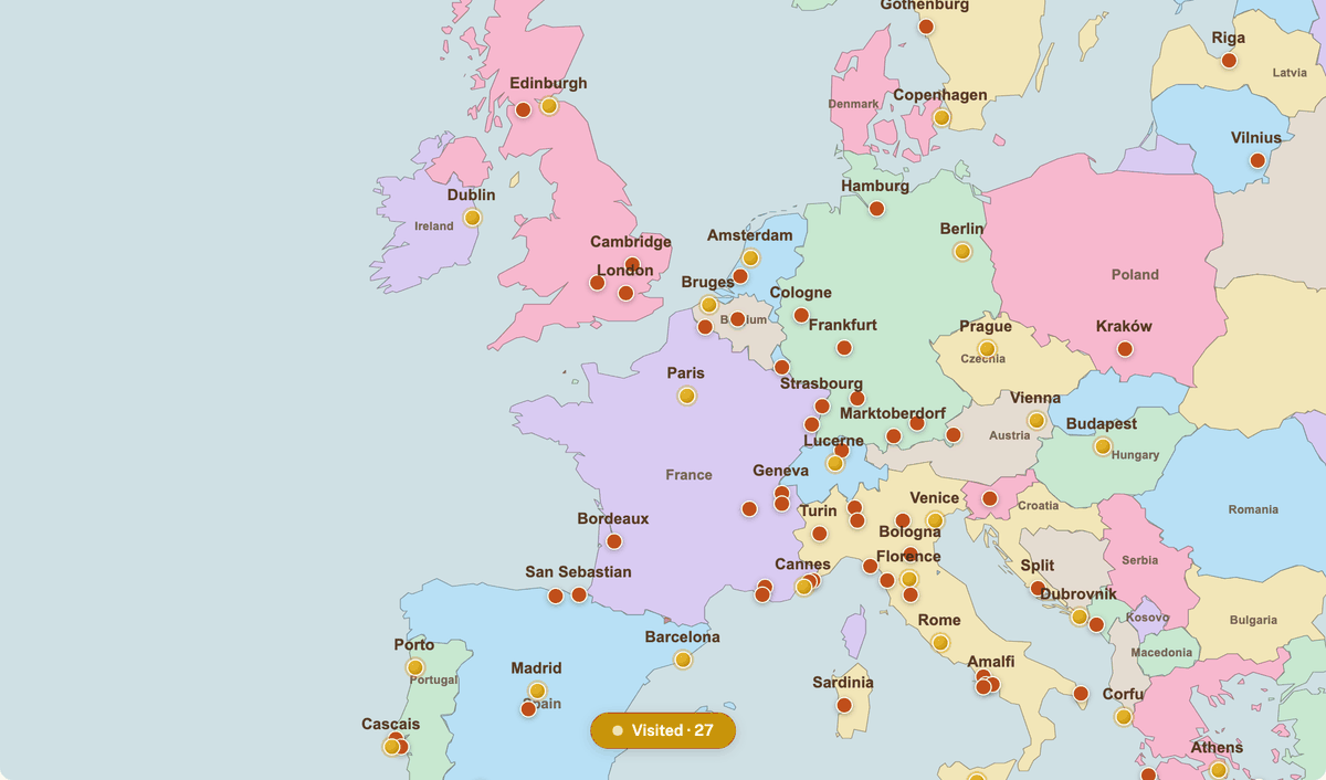 The world map over Europe: gold pins on the cities marked as visited, terracotta pins on the ones still ahead, and a pill at the bottom reading Visited 27