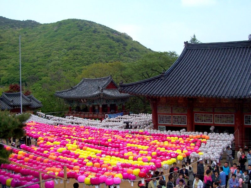 Beomeosa Temple stone-paved paths through pine forest on Geumjeongsan mountain