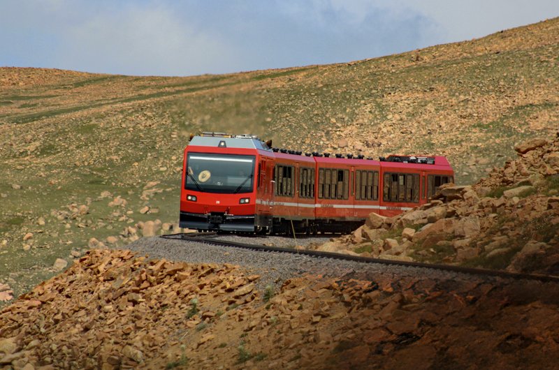 Pikes Peak Cog Railway train approaching the summit