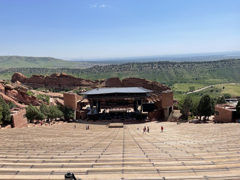 Red Rocks Amphitheatre viewed from the upper seating rows toward the stage