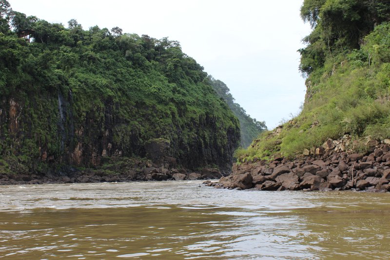 Macuco Safari — Zodiac boat approaching the base of Iguaçu Falls
