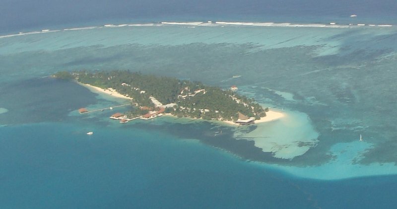 Aerial view of Farukolhufushi island and lagoon, Maldives