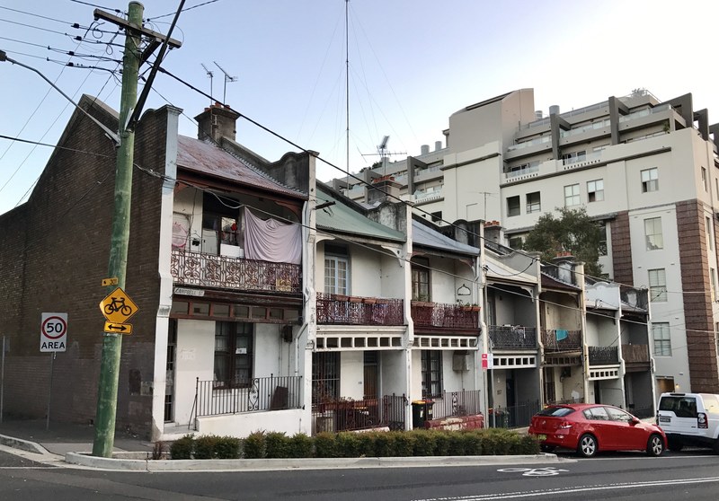 Terrace houses and café strip on Crown Street, Surry Hills